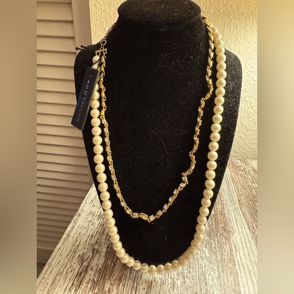 Ann Taylor Jewelry - Ann Taylor NWT Double Band Necklace Rhinestones & Pearls